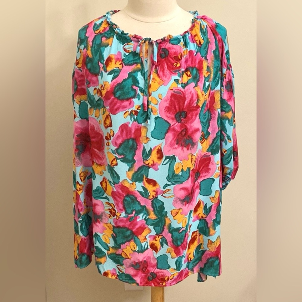 Terra & Sky Green Pink Orange Floral SZ 2X Boho Tropical Cottagecore Peasant Top